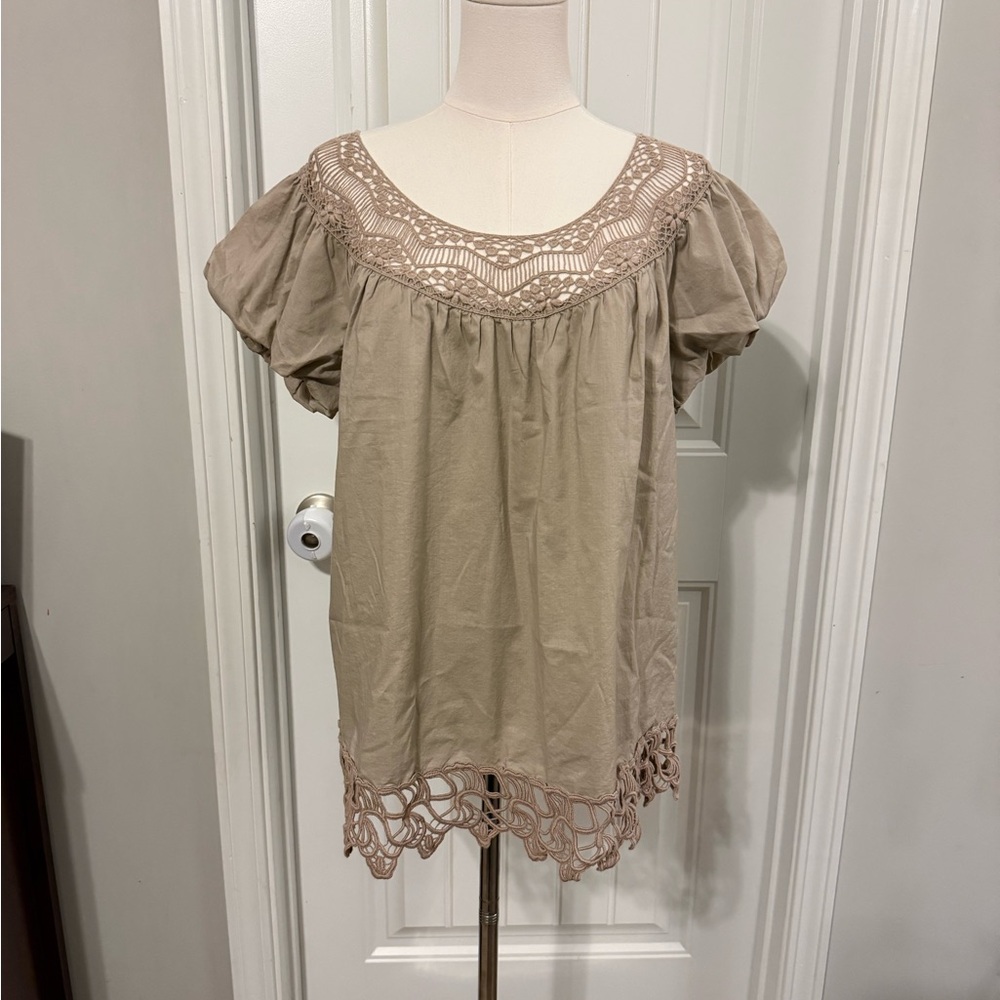 Apostrophe Beige Blouse with Lace Accents - Picture 1 of 13